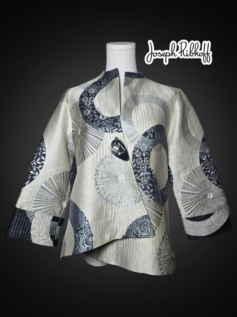 JOSEPH RIBKOFF Metallic Silver & Black Patterned Short Jacket - 6